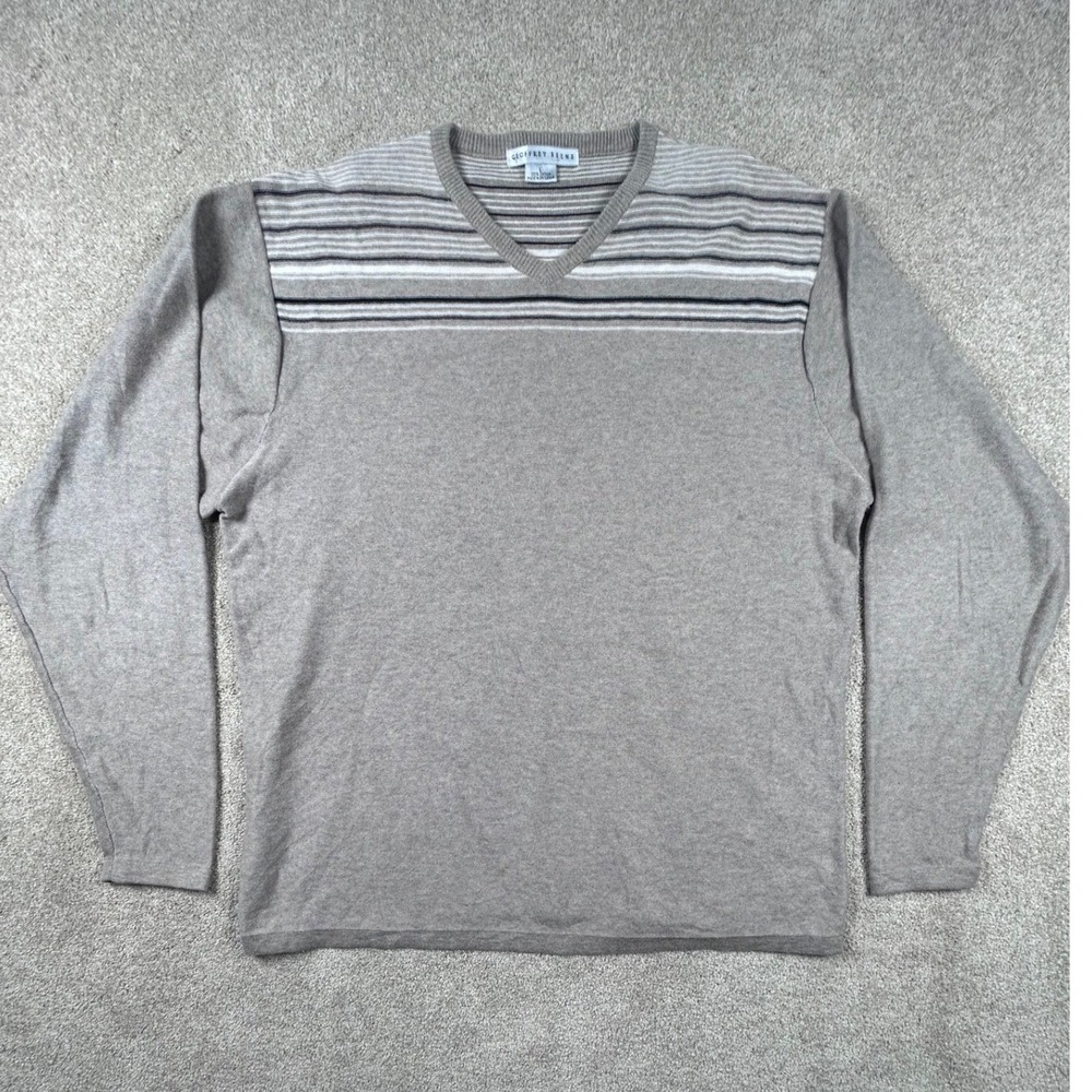 Geoffrey Beene Mens V-Neck Sweater Taupe Brown Striped Chest 100% Cotton Large